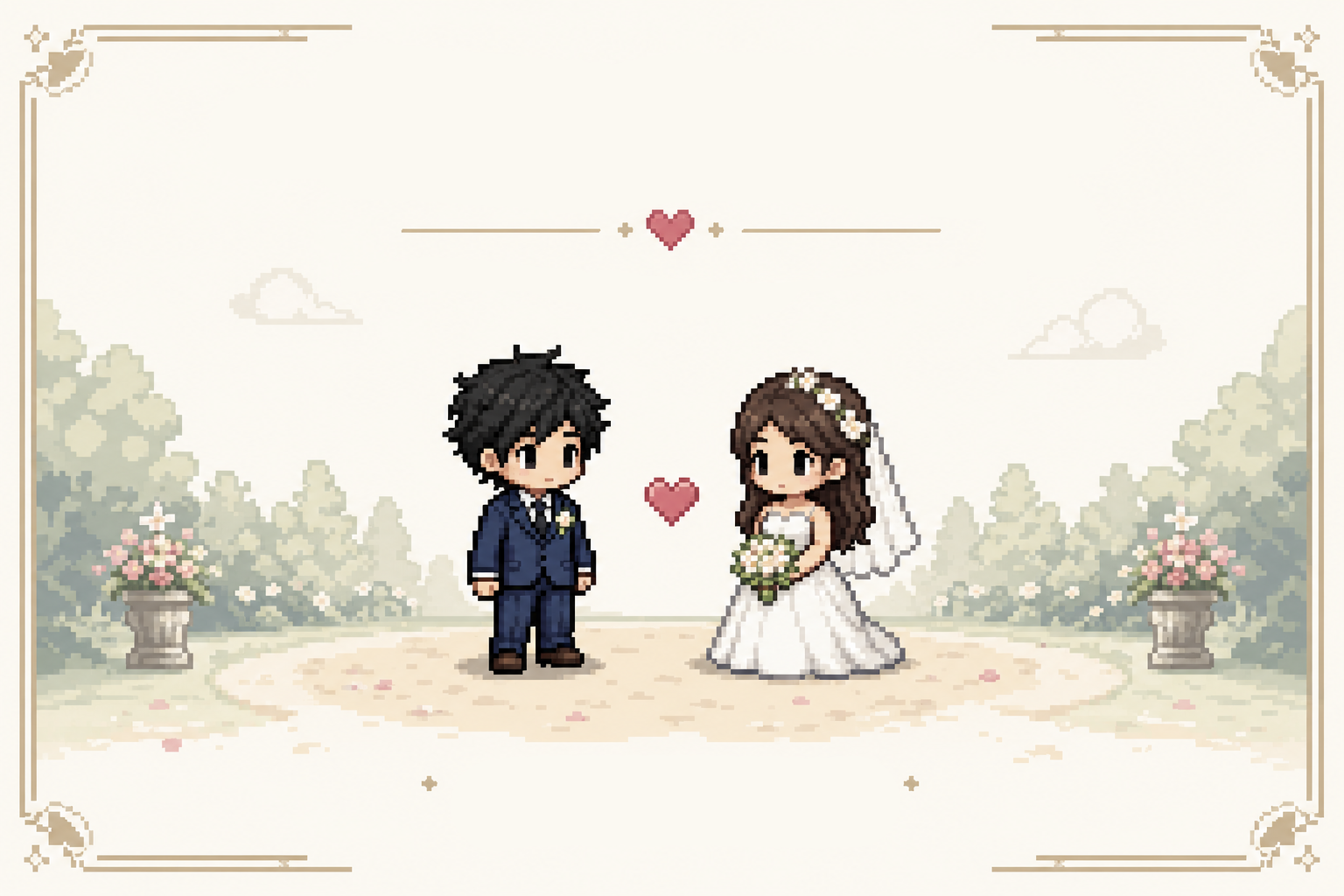Ilustración pixel art de una pareja de novios